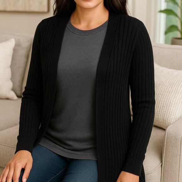 Time and Tru Black Ribbed Open Front Cardigan - Med (Fall Collection) - Picture 1 of 9